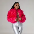 Stylish hot pink faux fur cropped jacket featuring a loose cardigan style and plush texture - S / Tops / Red