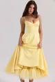 Elegante gele midi-jurk met spaghettibandjes, taille en tule zoom - XS / Dresses / Zonnegeel