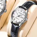 GOOBASEN Automatic day-date luxury watch with diamond markers and black leather strap - Women's Watch (14) / Silver Case White Dial Black Strap
