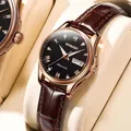 Rose gold GOOBASEN automatic watch with black dial and brown leather strap - Women's Watch (14) / Rose Gold Black Dial Brown Strap