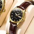 Luxury GOOBASEN automatic watch for couples with brown leather strap and diamond dial - Women's Watch (14) / Gold Case Black Dial Brown Strap