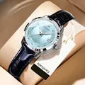 Elegante wasserdichte Quarzuhr für Damen mit hellblauem Zifferblatt und schwarzem Lederband. - Lederarmband Stil (634) / Silber/Blau