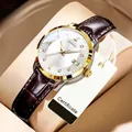 Elegante Damen-Quarzuhr mit goldener Lünette und braunem Lederarmband, wasserdicht. - Lederarmband Stil (634) / Two-Tone Gold/White