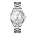Elegant silver women's quartz watch featuring calendar window and diamond hour markers - Steel Strap Style (634) / Silver Case White Dial - Steel Band