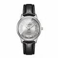 Elegant Goobasen women's quartz watch featuring a black leather strap and date display - Silver Case Grey Face - Black Leather Strap