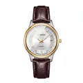 Elegant women's quartz watch featuring a brown leather strap and functional date display window - Bicolor White Dial - Brown Leather Strap
