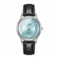 Elegant women's quartz watch with light blue dial, date calendar, and black leather strap - Silver Case Blue Dial - Black Leather Strap