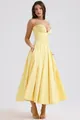 Detailed front view of an elegant yellow strapless corset midi dress with pleated skirt - XS / Dresses / Yellow