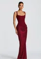 Close-up detail showing the elegant burgundy corset-style sleeveless maxi dress with drapes - XS / Dresses / Burgundy