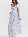 Elegante abito lungo con maniche a sbuffo e stampa floreale blu e bianca fresca - Taglia S / Vestiti / Stampa Porcellana Bianca