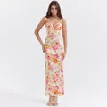 Elegantes Maxikleid mit Blumendruck, Milchseide, Spitzenbesatz und plissierter Brust - XS / Kleider / Elfenbein