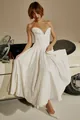 Elegant white strapless corset midi dress with boned bodice and full pleated skirt. - XS / Dresses / White