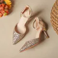 Elegant gold glitter pointed toe pumps with pearl ankle straps and slim high heels - 42 / 7.5CM Stiletto / Champagne