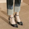 Eleganti scarpe con tacco a punta nere con fiocco di cristallo e cinturino alla caviglia - 31 / 5cm Nero