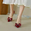 Elegant burgundy satin pointed-toe high-heeled shoes with rhinestone bow detail - 31 / 7.5cm Heel / Burgundy