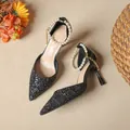 Sparkling black glitter high heel pumps featuring an elegant pearl ankle strap detail for women - 42 / 7.5CM Stiletto / Black