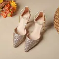 Champagne gold sequin pointed toe stiletto sandals with pearl ankle strap detail - 42 / Low Stiletto Heel / Champagne