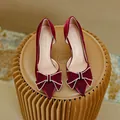 French style pointed toe d'Orsay heels in wine red satin with rhinestone bow - 31 / 5cm Heel / Burgundy