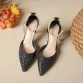 Elegant black sequin pointed toe high heels featuring a decorative pearl ankle strap - 42 / Low Stiletto Heel / Black