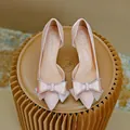 Elegant pink satin pointed-toe high heels with luxury rhinestone bow decoration - 31 / 5cm Heel / Champagne