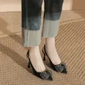 Black pointed-toe slingback heels with sparkling rhinestone bow detail for women - 31 / 5cm Heel / Black
