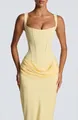 Élégante robe longue jaune pâle sans manches avec bustier corset et taille drapée - Jaune