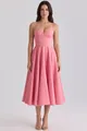 Detail van een roze Franse korset midi-jurk met mesh-splitsing en een wijde rok - XS / Dresses / Framboos