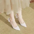 Elegant white pointed-toe bridal high heels with pearl ankle strap and silk bow - 31 / 5cm Heel / White