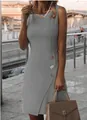 Close-up detail of a grey sleeveless bodycon dress featuring decorative side buttons - S / Dresses / Gray