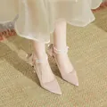 Elegant pink bridal high heels with pearl ankle straps and bow detail - 31 / 5cm Heel / Champagne