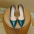 Elegant dark teal side-cut pointed toe high heels with mirror patent leather finish - 31 / Blue