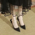 Elegant black pointed-toe stiletto heels featuring pearl ankle straps and chic back bow design - 31 / 5cm Heel / Black