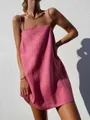 Vestido lencero bohemio de algodón y lino rosa con escote cuadrado para el verano - S / Vestidos / Rosa