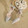 Elegant silver glitter bridal high heels with pearl ankle strap and pointed toe - 31 / 7.5cm Stiletto Heel Style / Silver