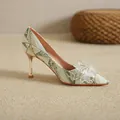 Elegant French pointed toe jacquard high heels with crystal bow ornament for wedding - 34 / 7.5cm Stiletto Style / Blue