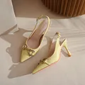 Yellow patent leather pointed toe slingback heels with elegant horsebit buckle. - 34 / 7.5cm Light Yellow