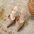 Eleganti décolleté a punta con glitter dorati e cinturini alla caviglia in strass - 34 / 5cm Champagne