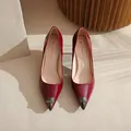Elegant red patent leather pointed-toe high heels with rhinestone metal toe cap - 42 / 5cm Stiletto Style / Burgundy