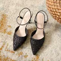 Elegant black glitter pointed-toe high heels featuring sparkling rhinestone ankle straps - 34 / 5cm Black