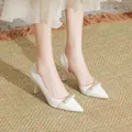 Elegant white pointed-toe high heels with decorative pearl strap and side hollow - 31 / White (5cm Heel)