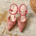 Red pointed-toe stiletto heels with glitter finish and sparkling rhinestone ankle straps - 34 / 5cm Red