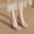 Eleganti tacchi a spillo rosa chiaro a punta con fiocco decorativo e cinturino. - 31 / Stile Fiocco Stiletto da 5cm (zzs-lth) / 5cm Nudo