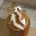 Elegant French style white satin high heels with bow back detail and pointed toe - 31 / 7.5cm / White