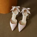 Elegant pink satin pointed-toe high heels with bow decoration and pearl ankle strap - 31 / 5cm Heel / Champagne