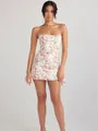 Floral print fishbone strapless mini dress with a fitted silhouette for parties - XS / Dresses / Pink Floral