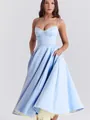 Elegante lichtblauwe Franse korset midi-jurk met een geel gaas detail aan de zoom - XS / Dresses / Assepoester blauw