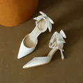 Elegant white satin pointed toe stiletto heels with pearl ankle strap and bow detail - 31 / Heel Height 7.5cm / White