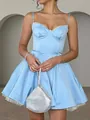 Light blue multi-layer mesh mini spaghetti strap dress with puffy high waist skirt - XS / Dresses / Light Blue