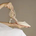 Elegant champagne pointed toe stiletto pumps with luxury pearl ankle strap detail - 34 / Apricot (7.5cm Heel)