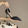 Elegant black pointed-toe high heel pumps with decorative pearl ankle strap - 34 / Black (7.5cm Heel)